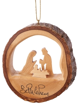 E32 - Round bark ornament with holy family - 3"